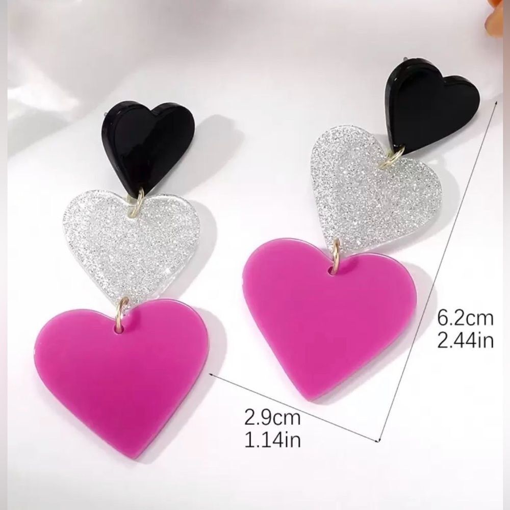 Black, Silver, and Pink Heart Drop Earrings - Picture 3 of 4